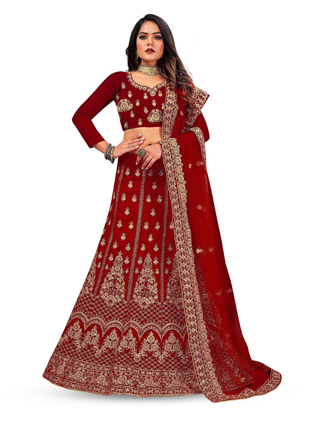 

MANVAA Embroidered Semi-Stitched Lehenga & Unstitched Blouse With Dupatta, Maroon