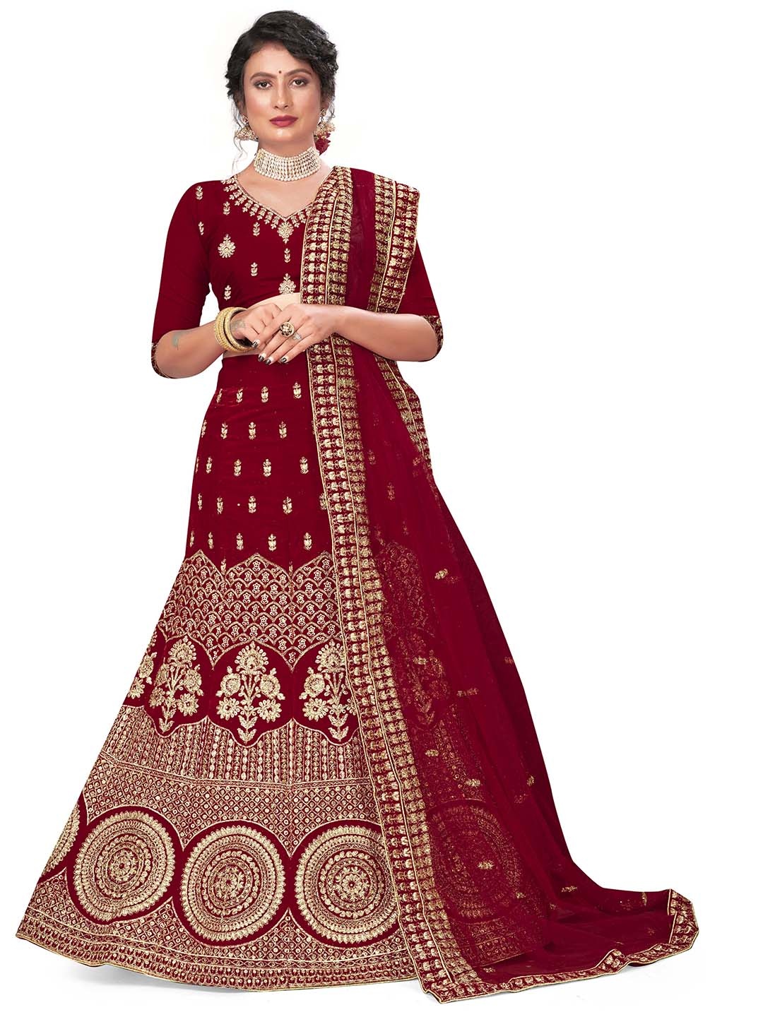 

MANVAA Embroidered Thread Work Semi-Stitched Lehenga & Unstitched Blouse With Dupatta, Maroon