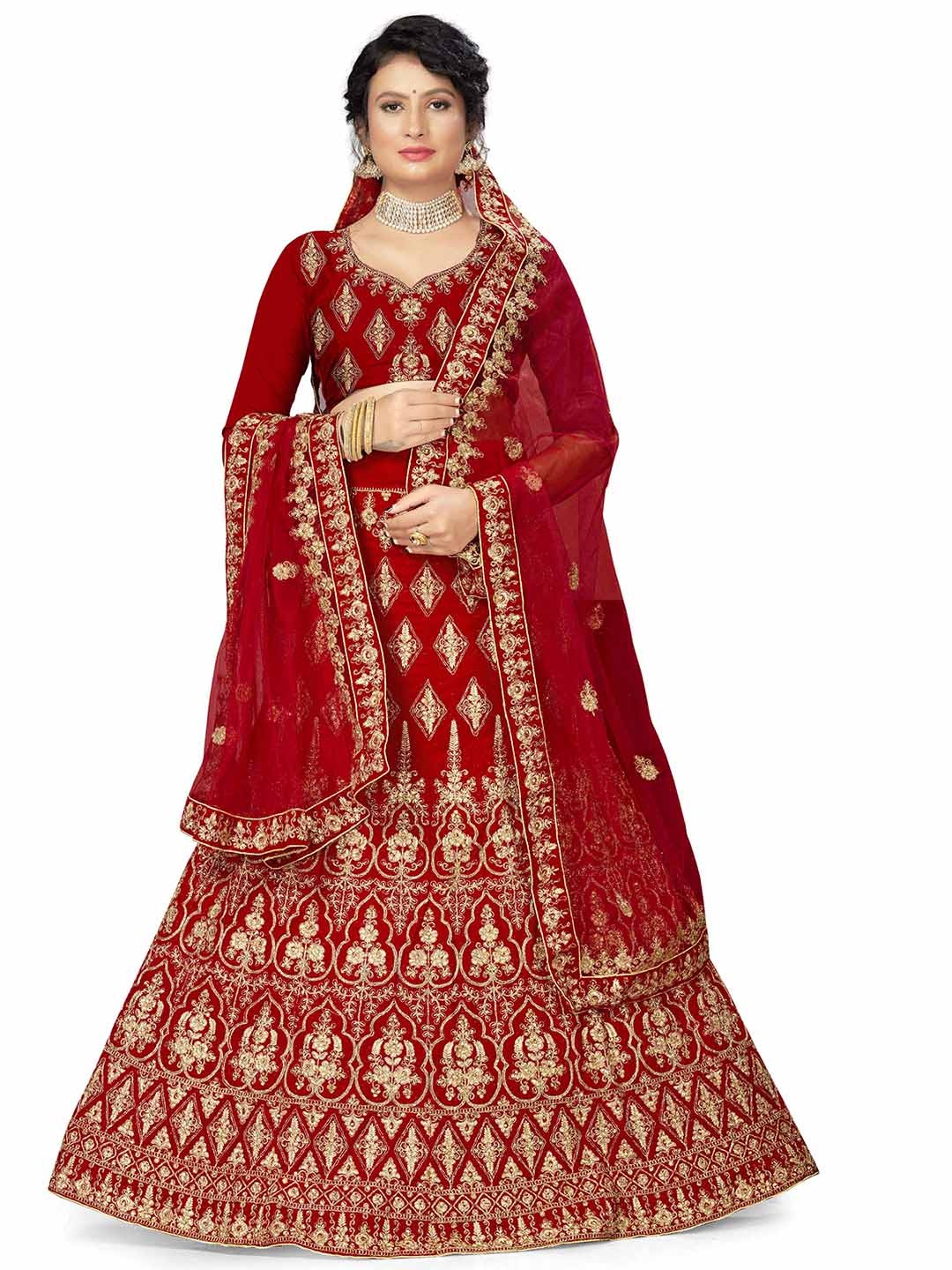 

MANVAA Embroidered Velvet Semi-Stitched Lehenga & Unstitched Blouse With Dupatta, Red