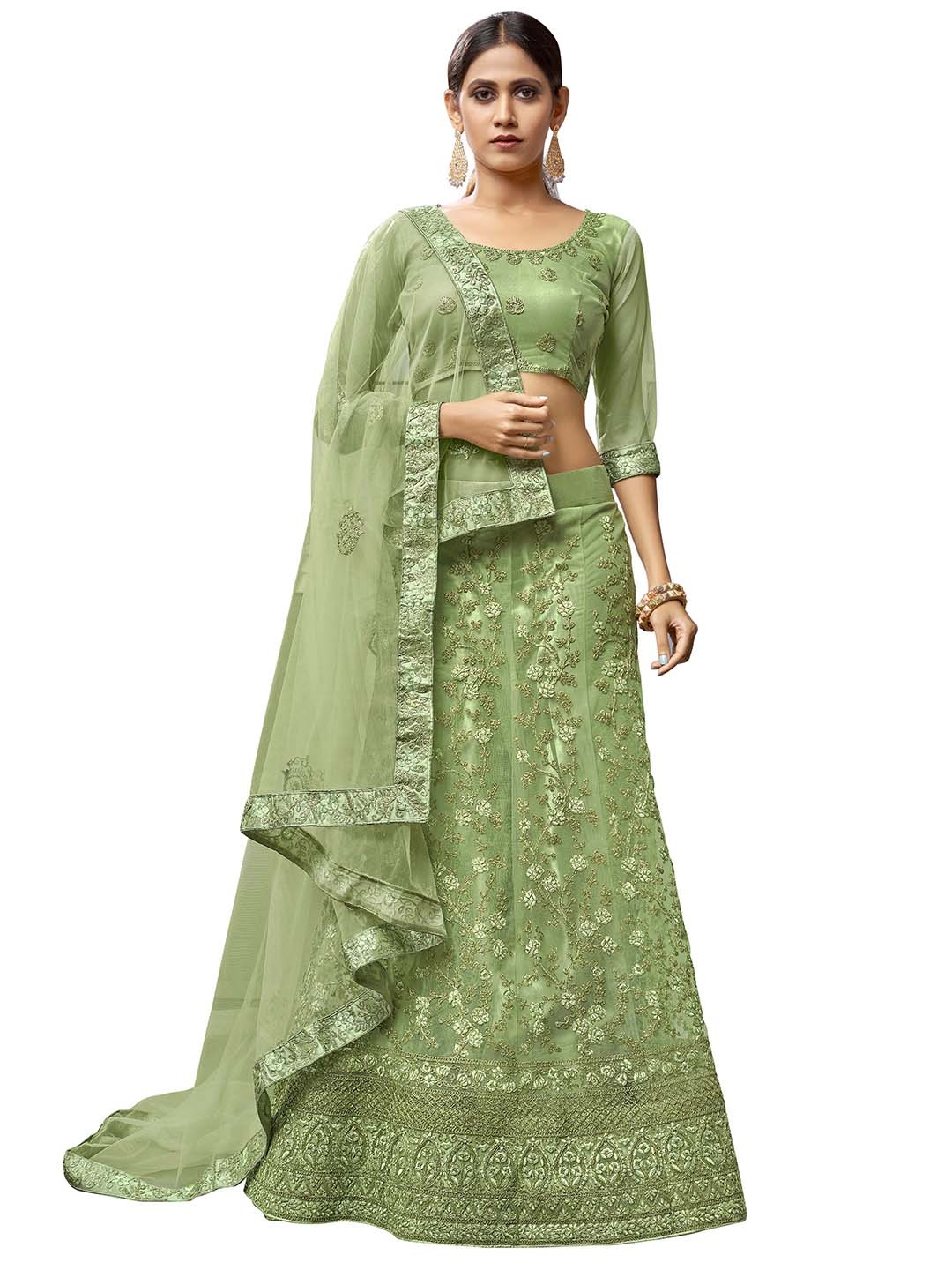 

MANVAA Embellished Beads & Stones Semi-Stitched Lehenga & Unstitched Blouse With Dupatta, Lime green