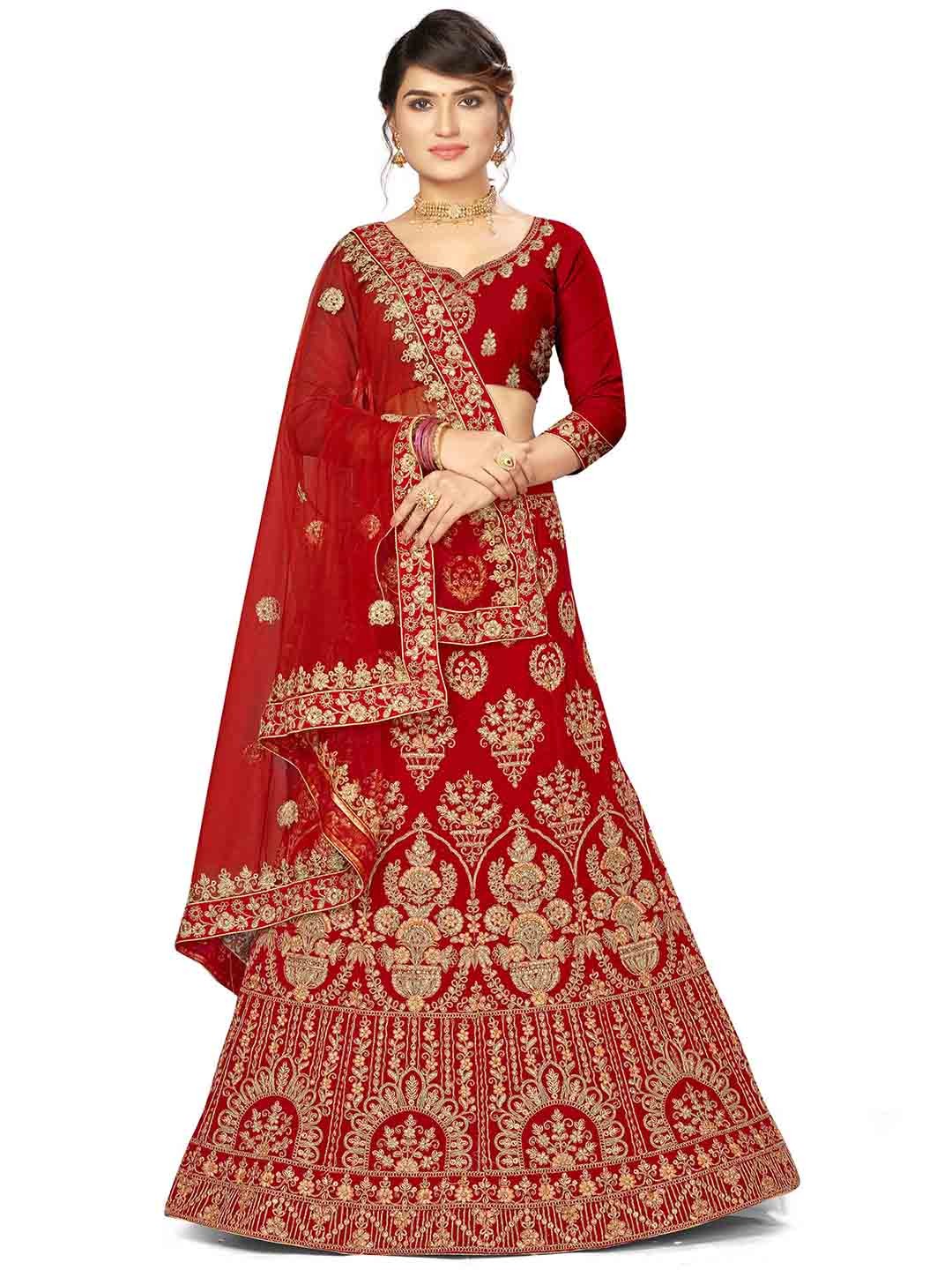 

MANVAA Embroidered Velvet Semi Stitched Lehenga & Unstitched Blouse With Dupatta, Red