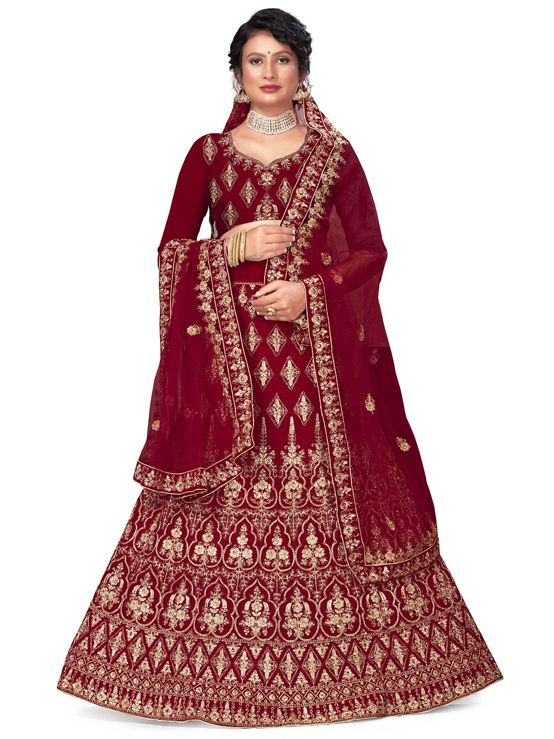 

MANVAA Embroidered Beads and Stones Semi-Stitched Lehenga & Unstitched Blouse With Dupatta, Maroon