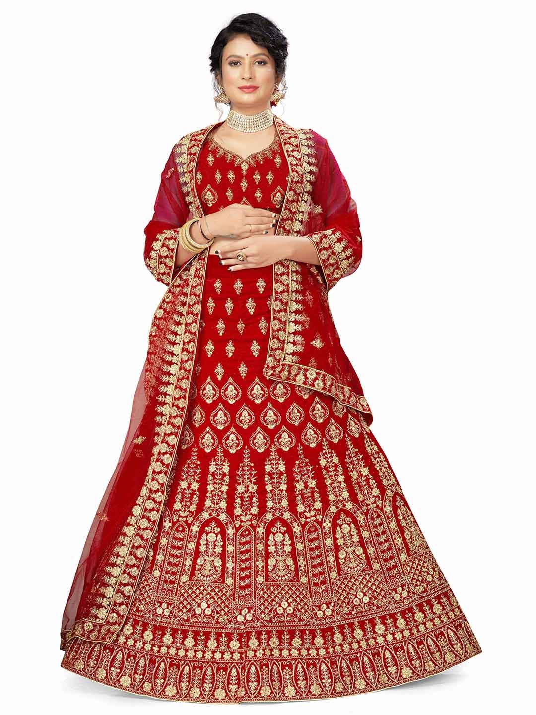 

MANVAA Embroidered Beads & Stones Semi-Stitched Lehenga & Unstitched Blouse With Dupatta, Red
