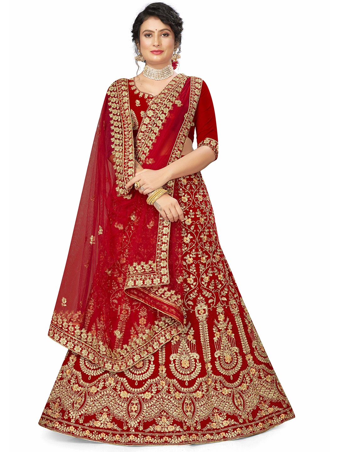 

MANVAA Floral Embroidered Semi-Stitched Lehenga & Unstitched Blouse With Dupatta, Red