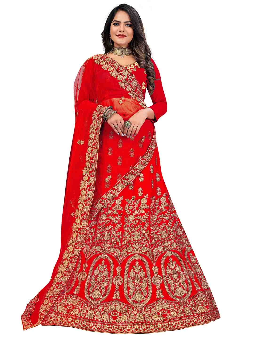 

MANVAA Embroidered Thread Work Semi-Stitched Lehenga & Unstitched Blouse With Dupatta, Red