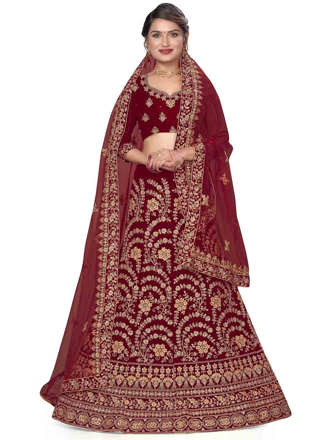 

MANVAA Embroidered Velvet Semi-Stitched Lehenga & Unstitched Blouse With Dupatta, Maroon