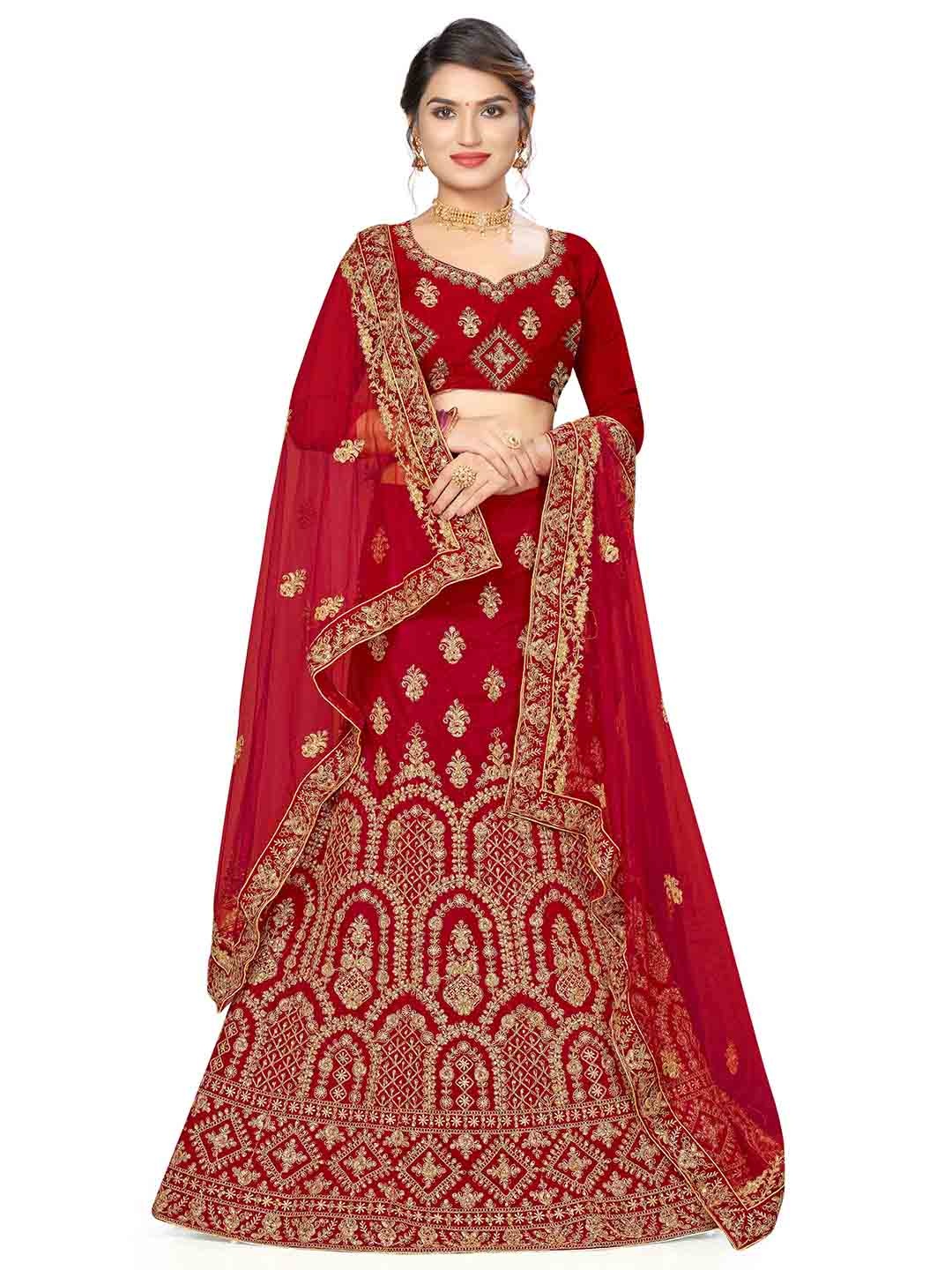 

MANVAA Embroidered Thread Work Semi-Stitched Lehenga & Unstitched Blouse With Dupatta, Red