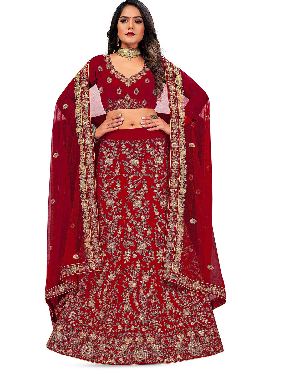 

MANVAA Embroidered Semi-Stitched Lehenga & Unstitched Blouse With Dupatta, Maroon