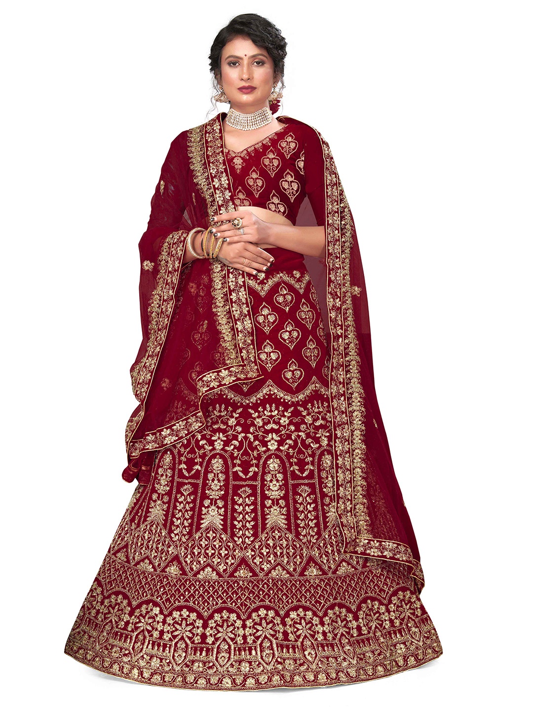

MANVAA Embroidered Thread Work Semi-Stitched Lehenga & Unstitched Blouse With Dupatta, Maroon