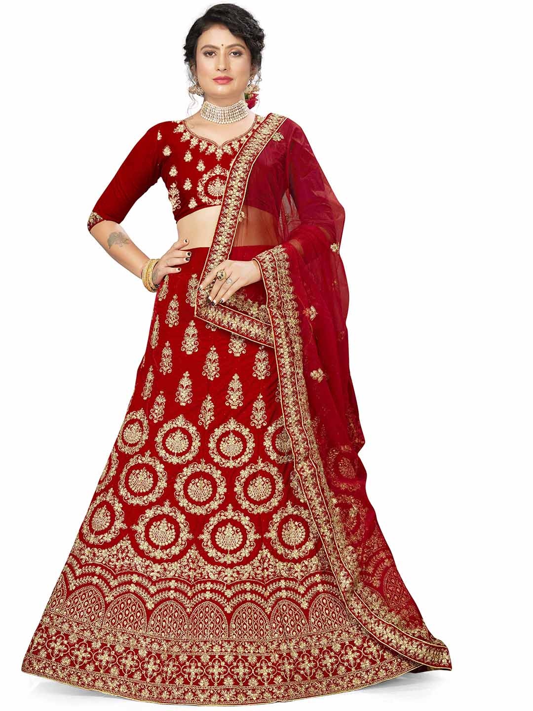 

MANVAA Embroidered Beads and Stones Semi-Stitched Lehenga & Unstitched Blouse With Dupatta, Red