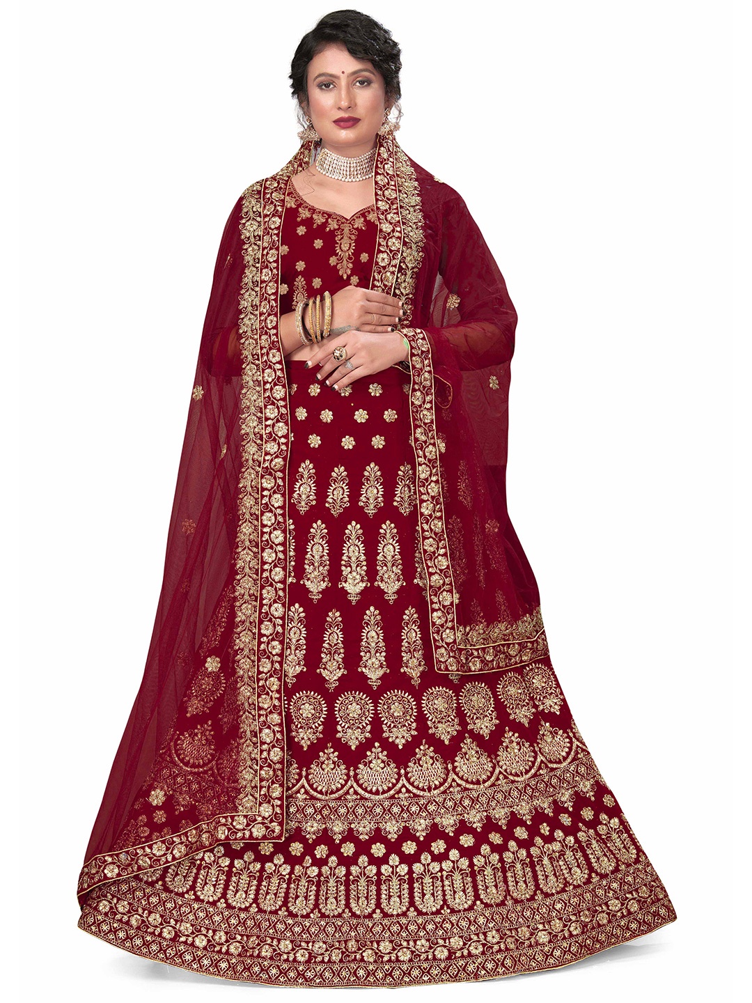 

MANVAA Embroidered Semi-Stitched Lehenga & Unstitched Blouse With Dupatta, Maroon