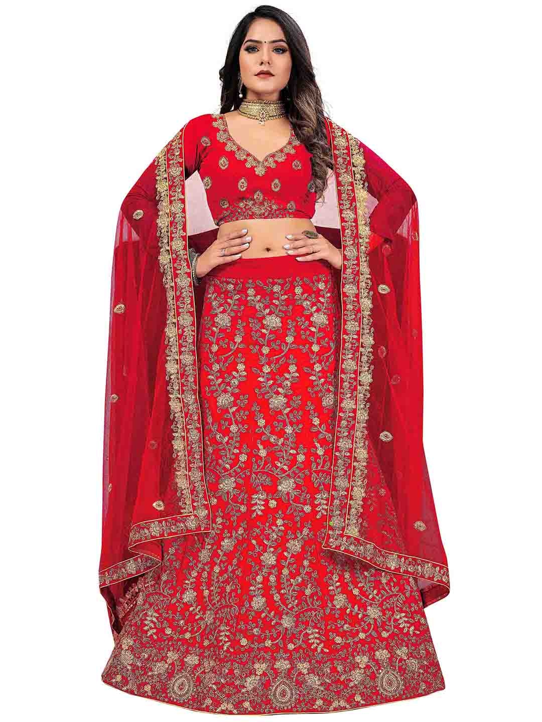 

MANVAA Embroidered Velvet Semi Stitched Lehenga & Unstitched Blouse With Dupatta, Red