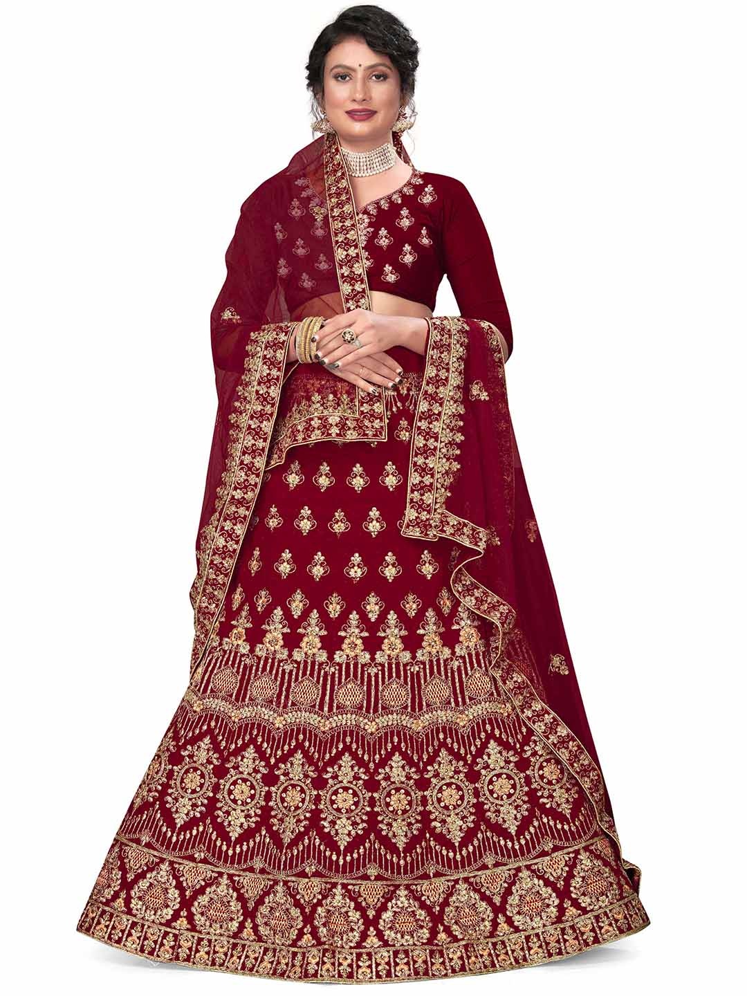 

MANVAA Embroidered Velvet Semi Stitched Lehenga & Unstitched Blouse With, Maroon