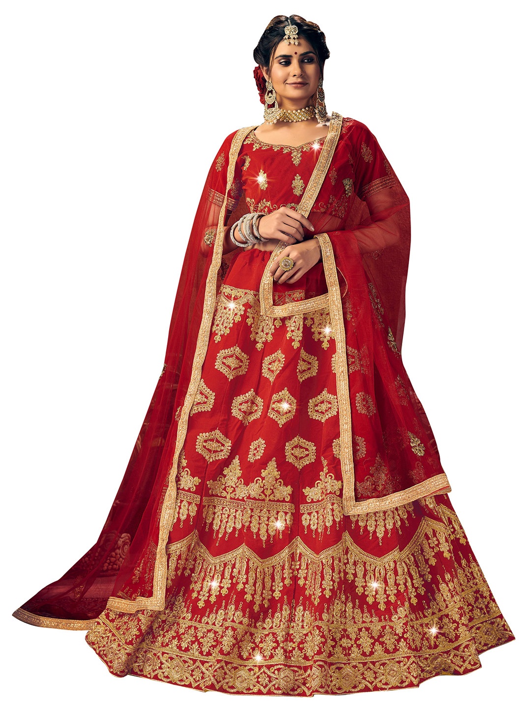 

MANVAA Ethnic Motif Embroidered Semi-Stitched Lehenga & Unstitched Blouse With, Red