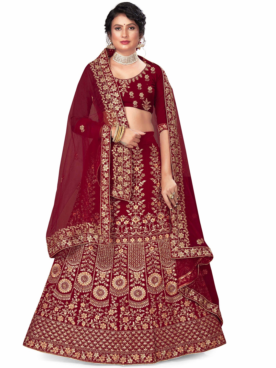 

MANVAA Embroidered Velvet Semi Stitched Lehenga & Unstitched Blouse With Dupatta, Maroon