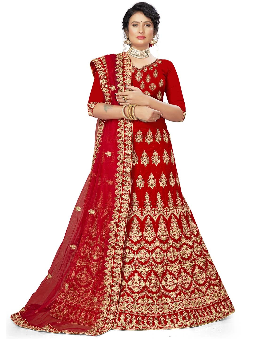 

MANVAA Embroidered Beads and Stones Semi-Stitched Lehenga & Unstitched Blouse With Dupatta, Red