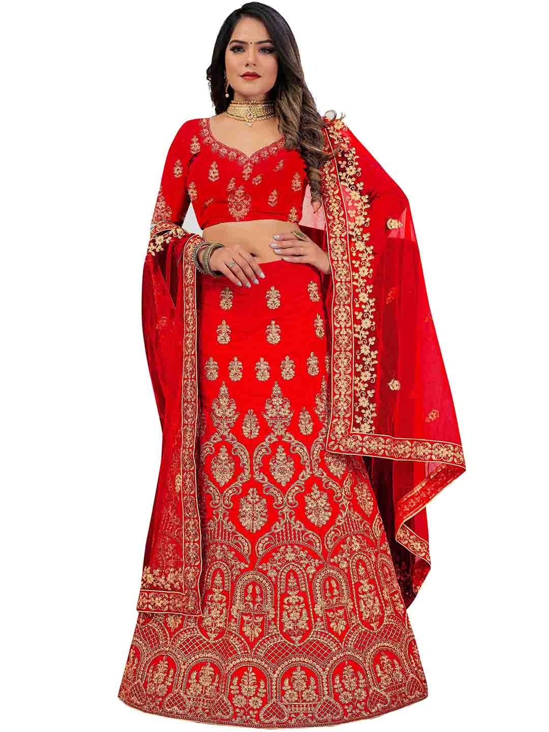 

MANVAA Embroidered Beads and Stones Semi-Stitched Lehenga & Unstitched Blouse With Dupatta, Red