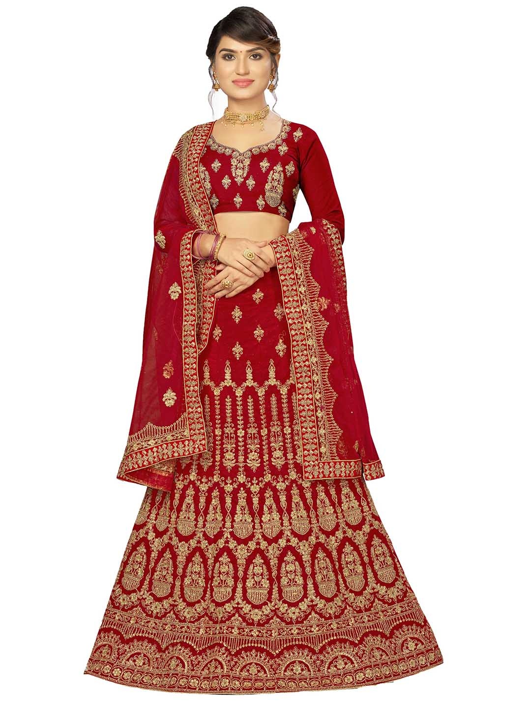 

MANVAA Embroidered Semi-Stitched Velvet Lehenga & Unstitched Blouse With Dupatta, Red