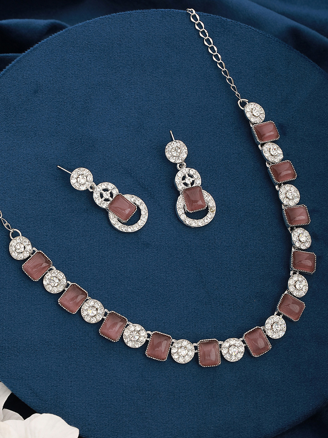 

Jazz and Sizzle Silver-Plated American Diamond Studded Necklace With Earrings