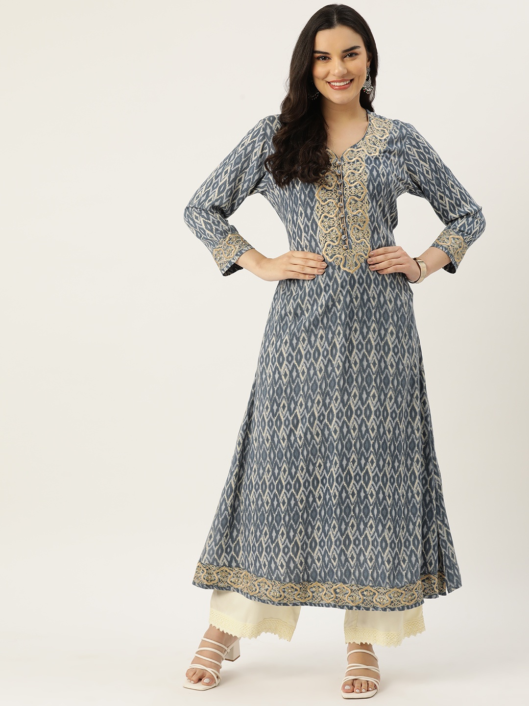 

Rue Collection Ikat Printed Mirror Work A-Line Kurta, Blue