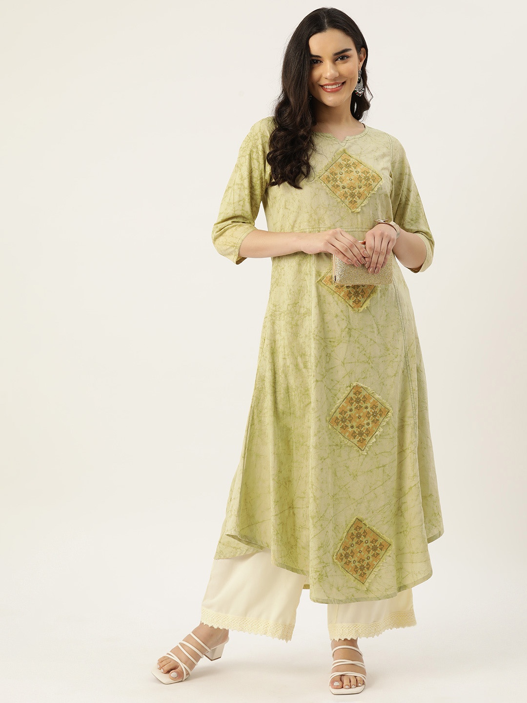 

Rue Collection Geometric Printed Thread Work A-Line Kurta, Green