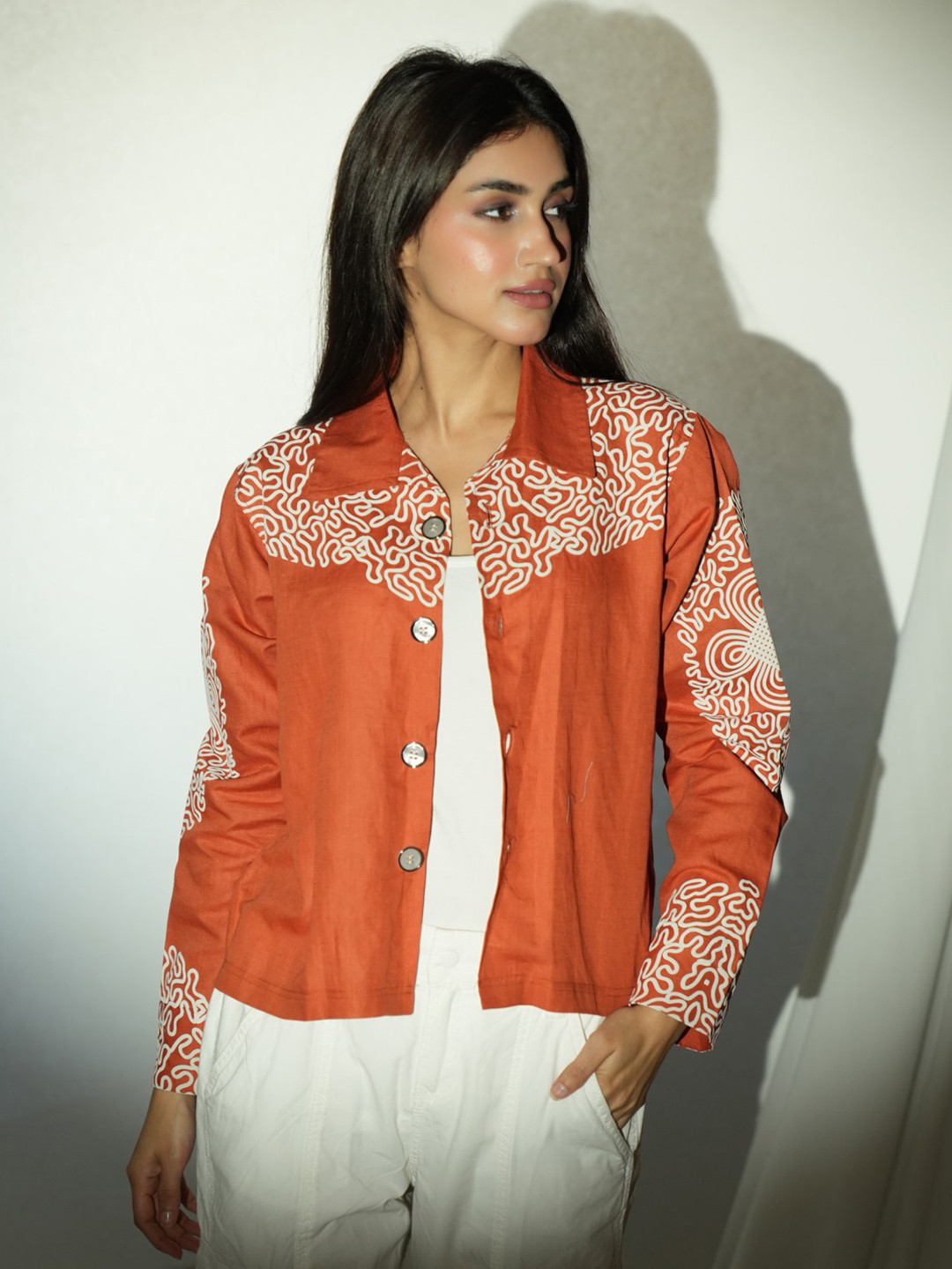 

NEWD Standard Floral Printed Spread Collar Knitted Weave Cotton Casual Shirt, Orange