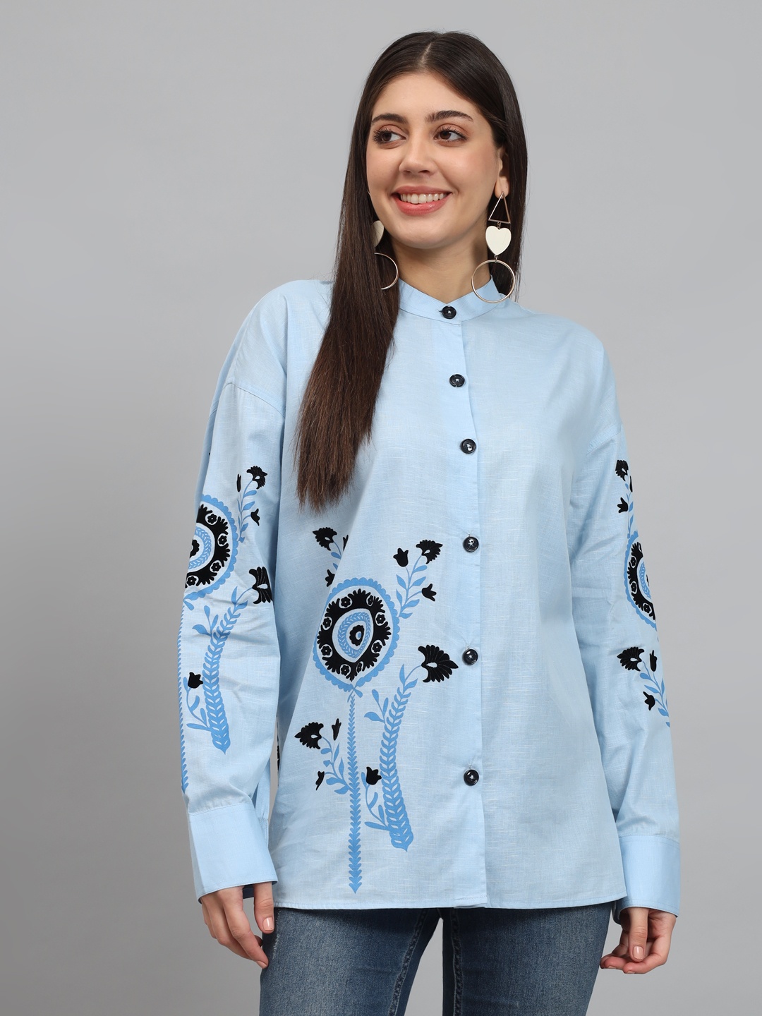 

NEWD Standard Floral Printed Band Collar Knitted Weave Cotton Casual Shirt, Blue