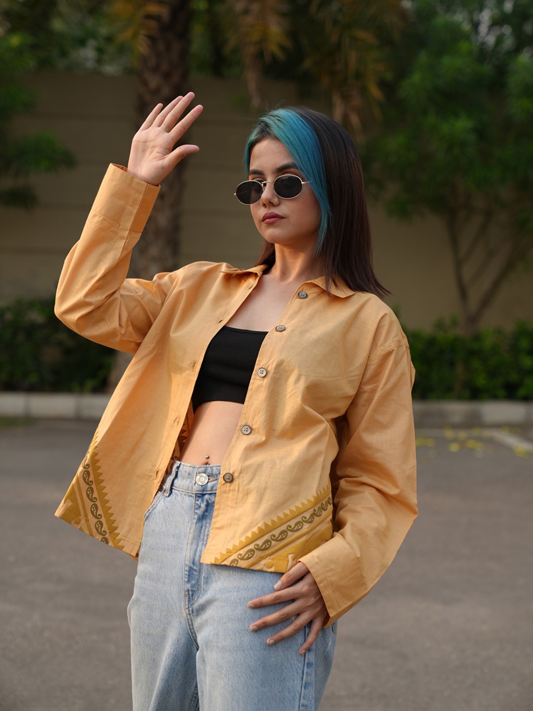 

NEWD Standard Ethnic Motifs Printed Spread Collar Knitted Weave Cotton Casual Shirt, Mustard