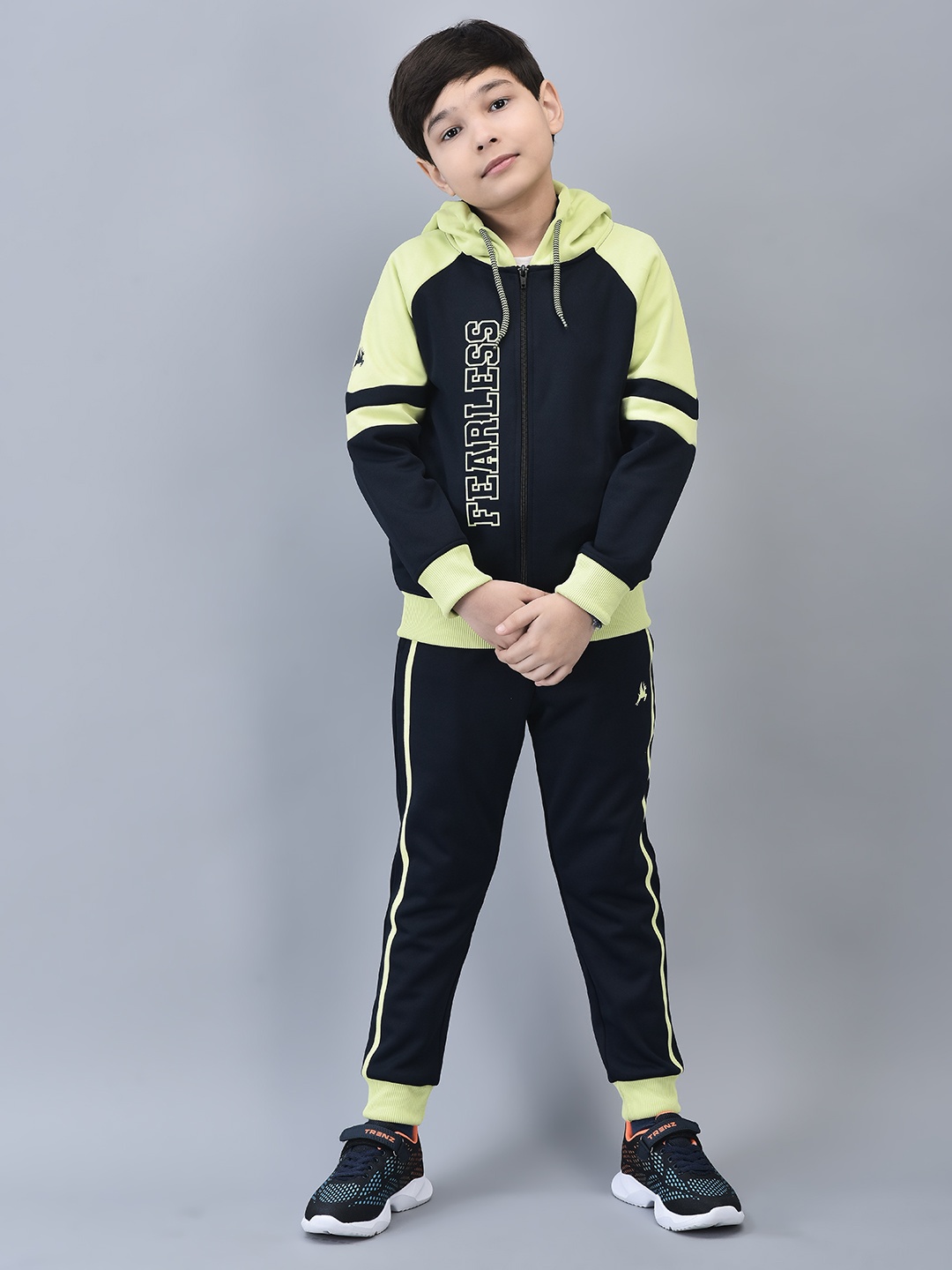 

Trenz Boys Typography Printed Hooded Tracksuits, Navy blue