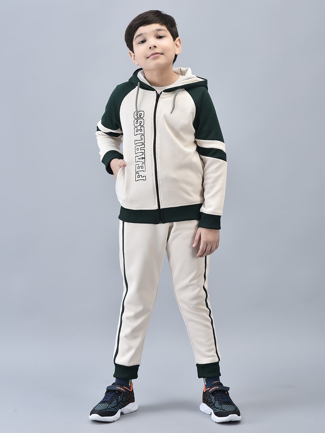 

Trenz Boys Typography Printed Hooded Tracksuits, Off white