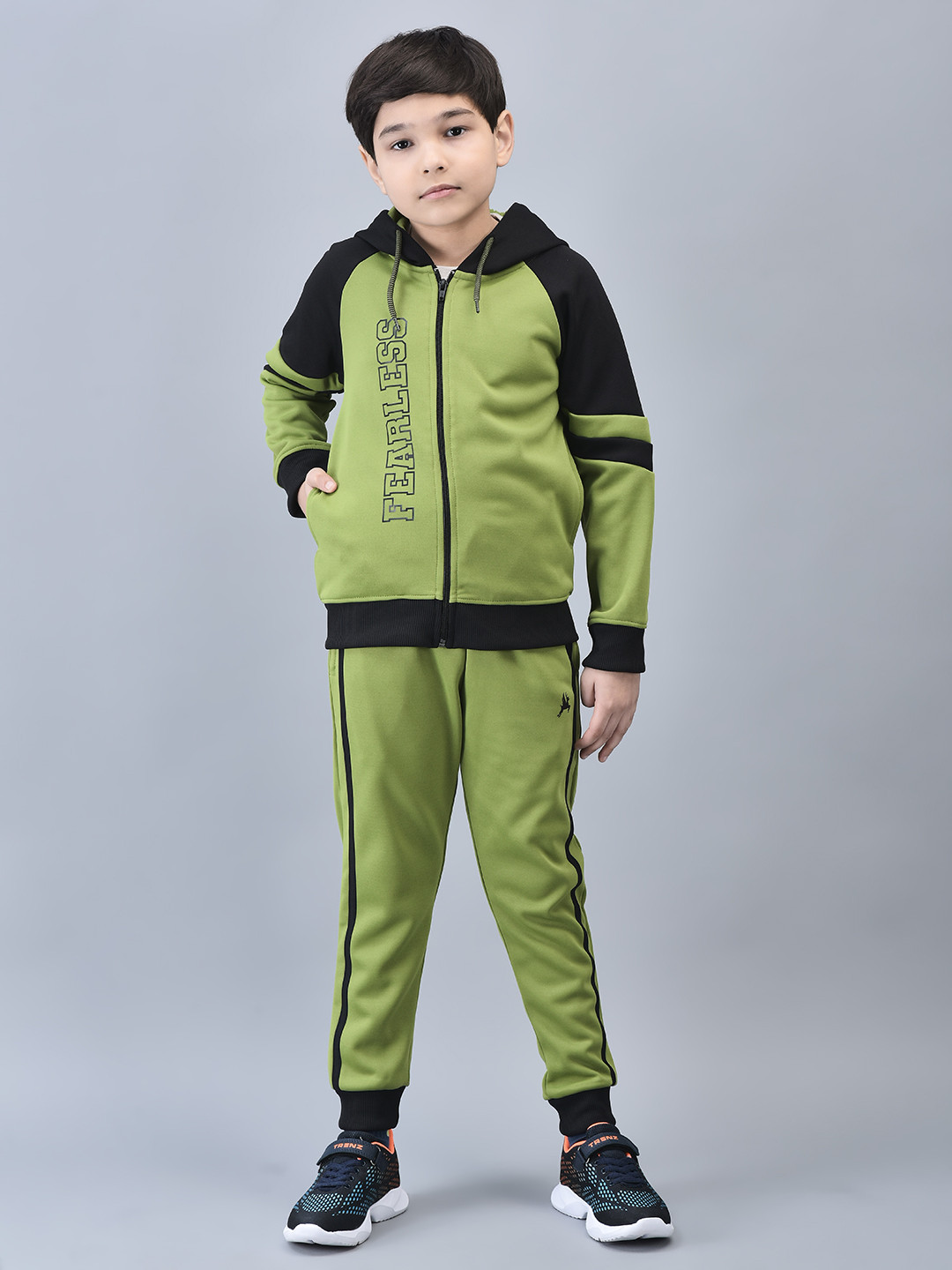 

Trenz Boys Typography Printed Hooded Tracksuits, Olive