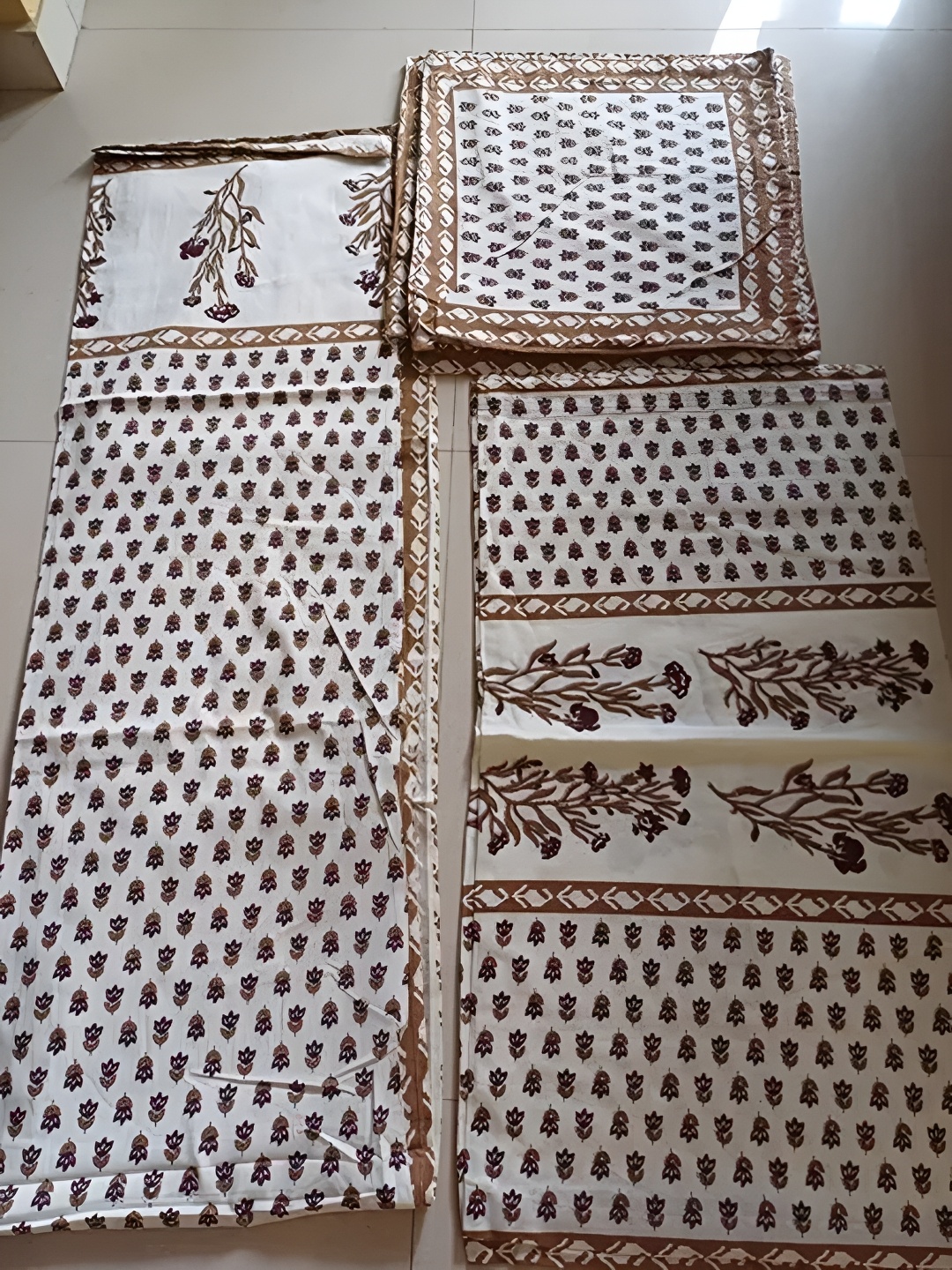 

Bedbathandbliss White & Brown 8 Pieces Floral Cotton 300 TC Diwan sets