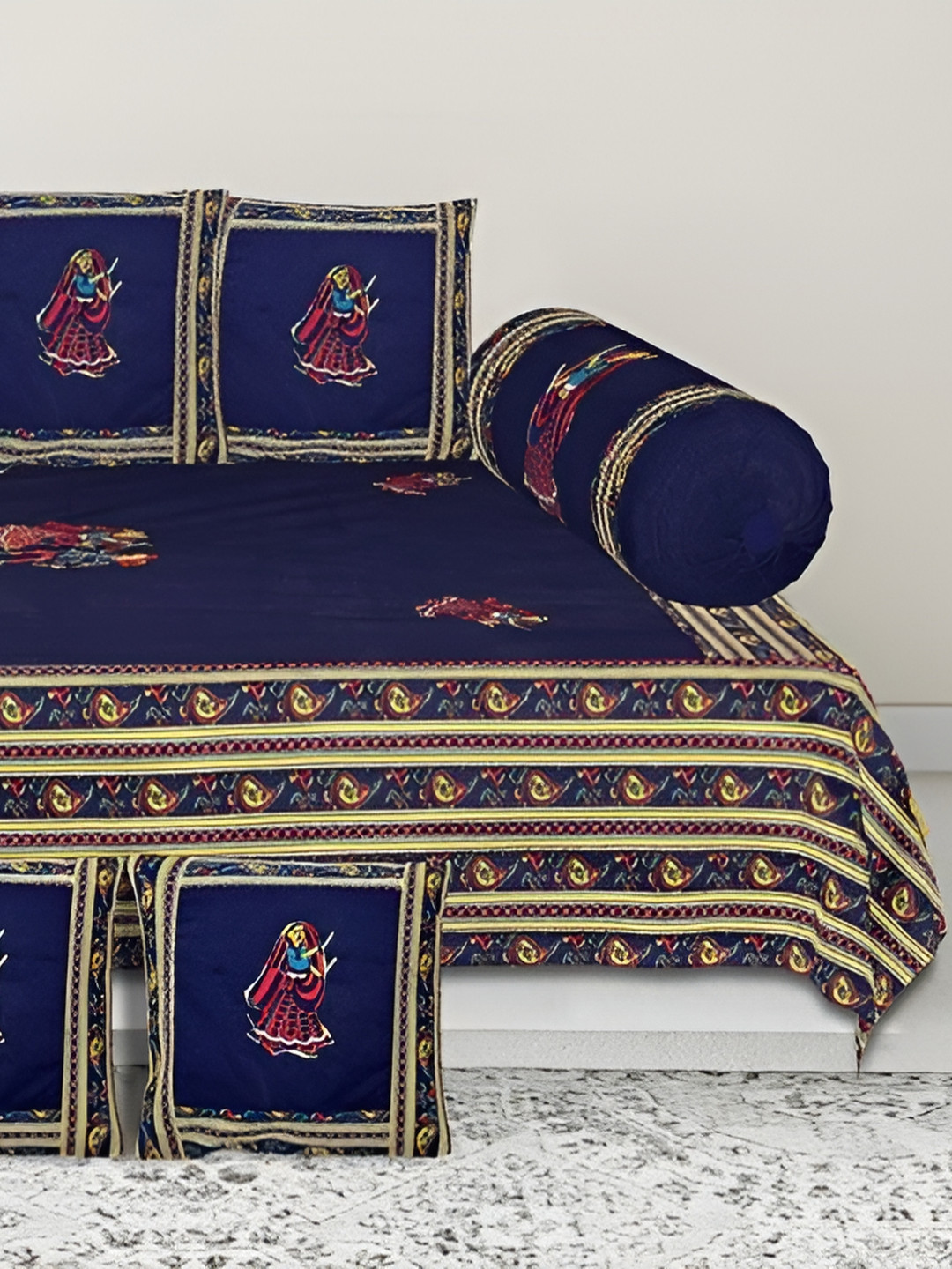 

Bedbathandbliss Navy Blue & Yellow 8 Pieces Ethnic Motifs Cotton 300 Diwan sets