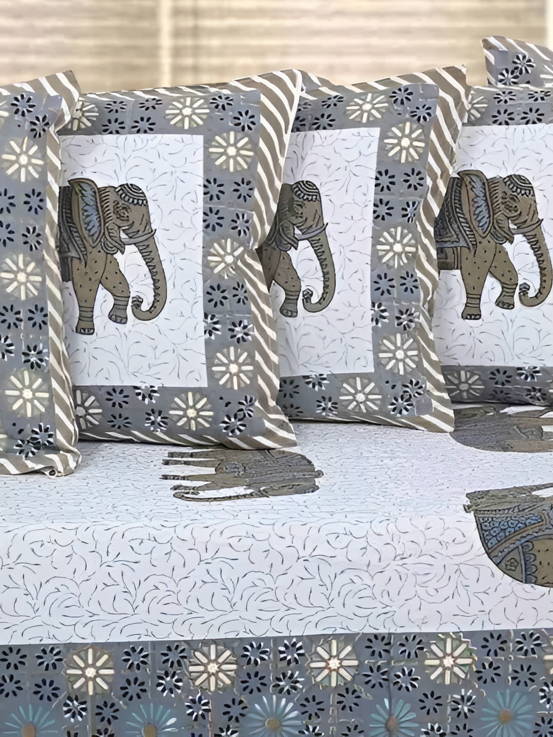 

Bedbathandbliss White & Grey 8 Pieces Ethnic Motifs Cotton 300 TC Diwan sets