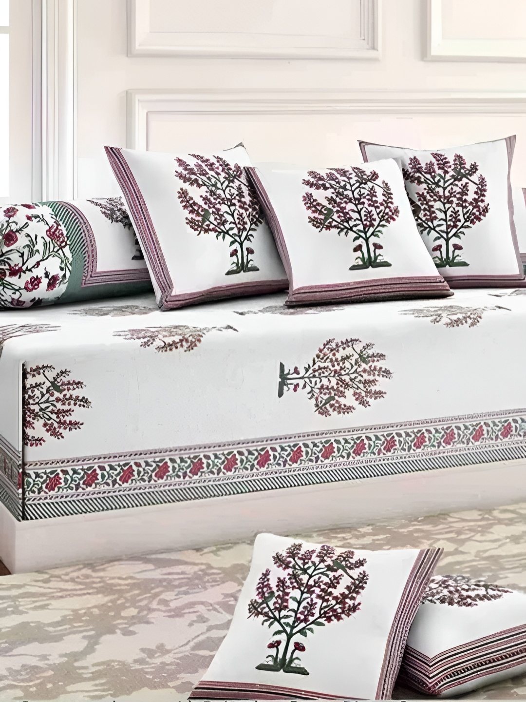 

Bedbathandbliss White & Green 8 Pieces Floral Cotton 300 TC Diwan sets