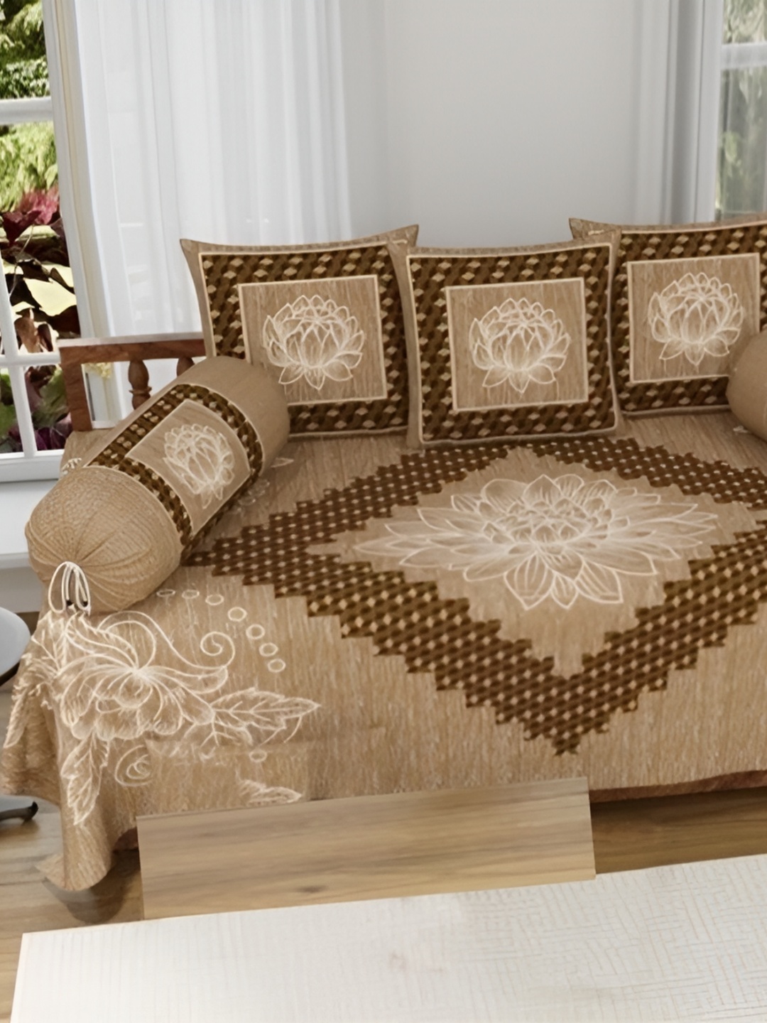 

Bedbathandbliss Beige & Brown 8 Pieces Floral Cotton 300 TC Diwan sets