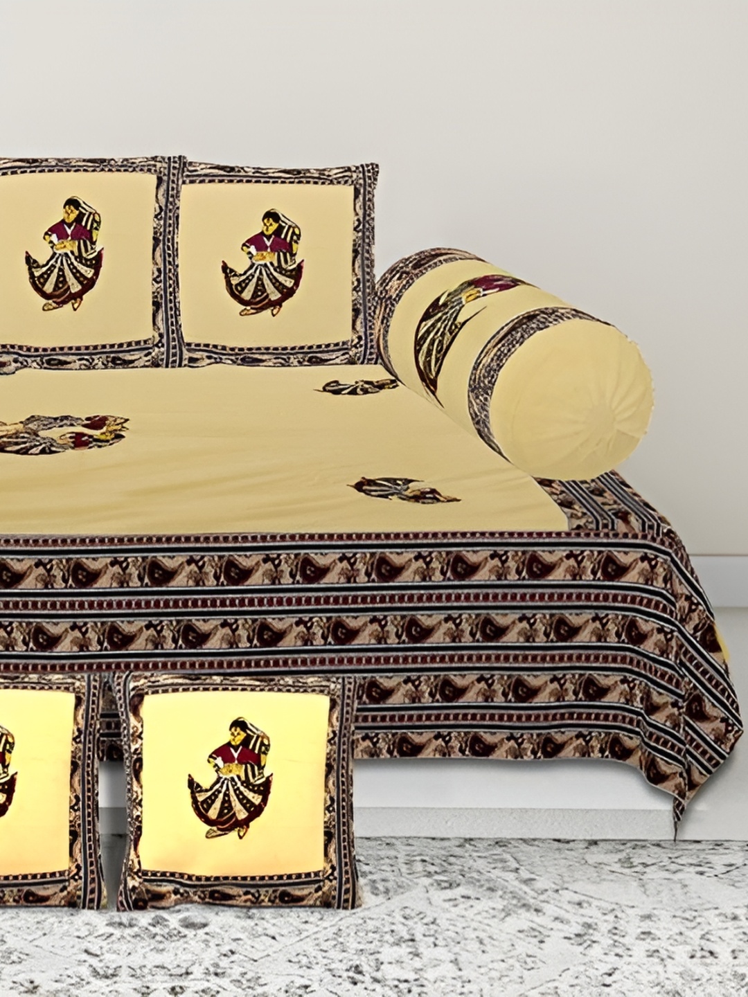 

Bedbathandbliss Beige & Brown 8 Pieces Ethnic Motifs Cotton 300 TC Diwan sets