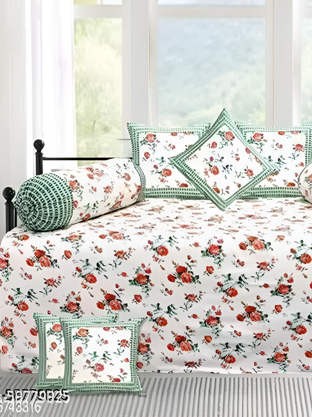 

Bedbathandbliss White & Green 8 Pieces Floral Cotton 300 TC Diwan sets