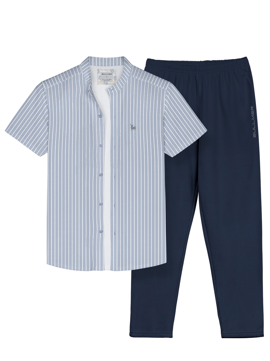 

HELLCAT Striped Band Collar Shirt With Trouser, Blue