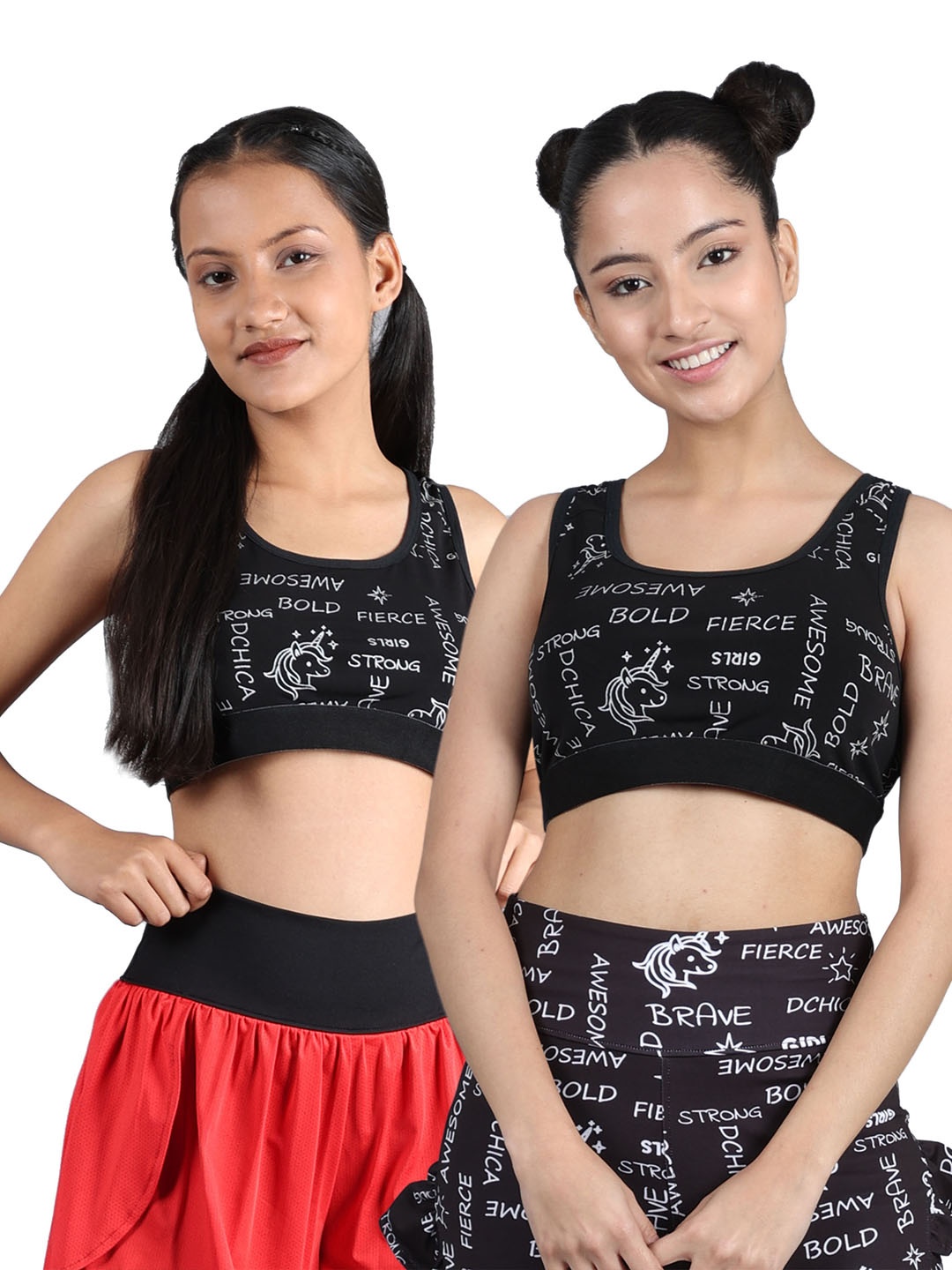 

DChica Girls Pack Of 2 Full Coverage Typography Printed Workout Bra With All Day Comfort, Black