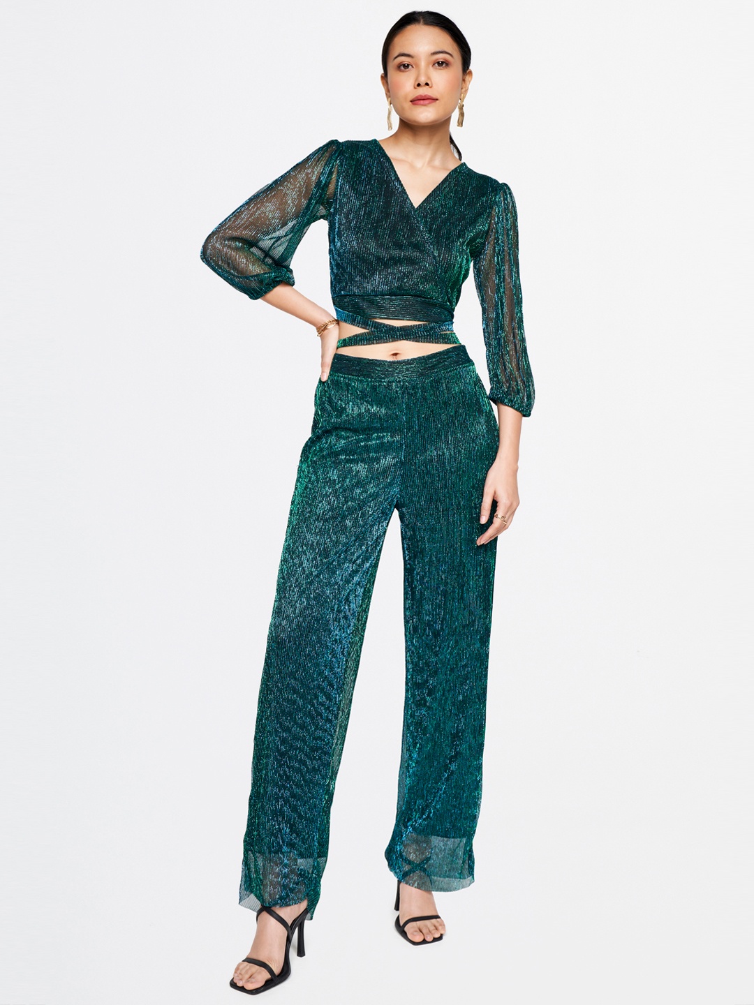 

AND V-Neck Long Sleeves Top With Trousers, Green