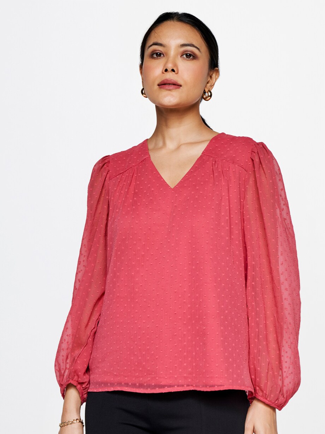 

AND Self Design V-Neck Puff Sleeves Top, Pink