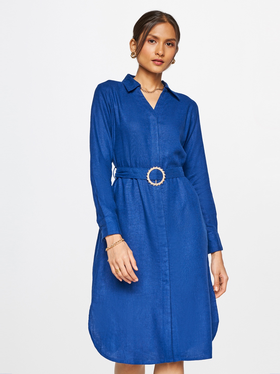 

AND Opaque Shirt Collar Casual A-Line Midi Dress, Navy blue