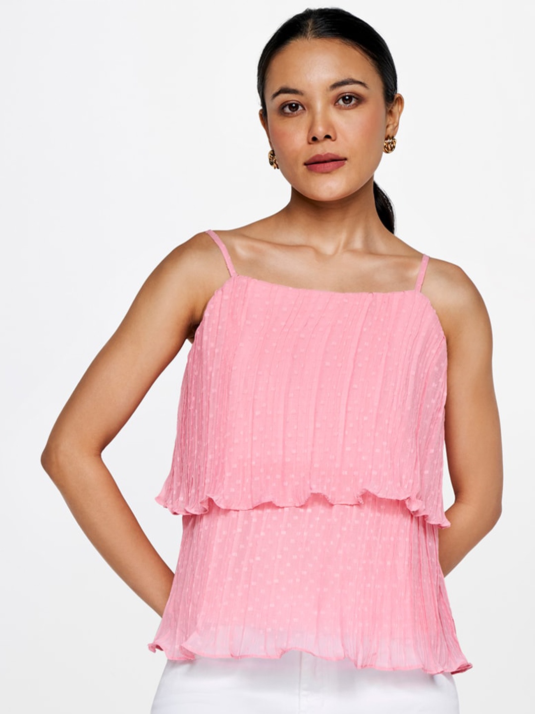 

AND Geometric Printed Shoulder Straps Layered Top, Pink