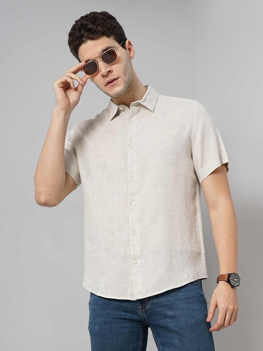 

Celio Spread collar Short Sleeves Linen Opaque Casual Shirt, Off white