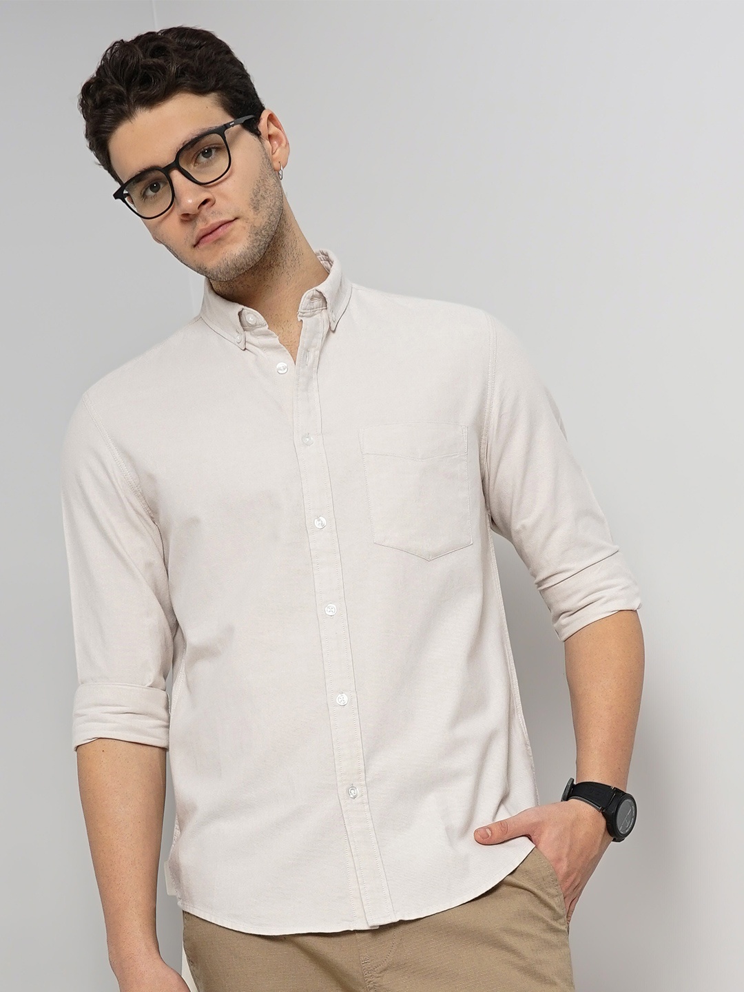 

Celio Button-Down Collar Classic Oxford Casual Cotton Shirt, Beige