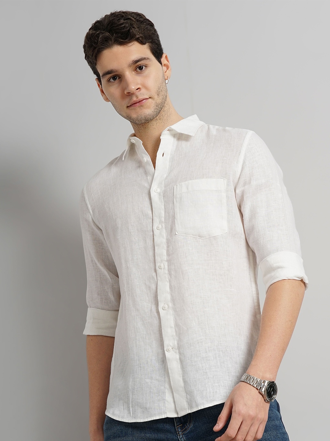 

Celio Spread Collar Classic Opaque Casual Linen Shirt, White