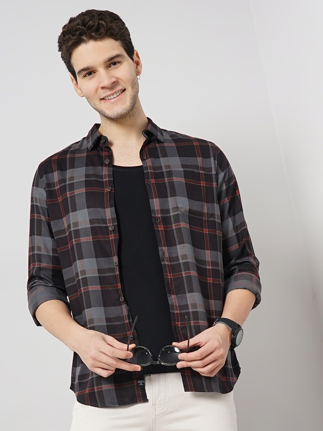 

Celio Spread Collar Classic Tartan Checked Casual Shirt, Black