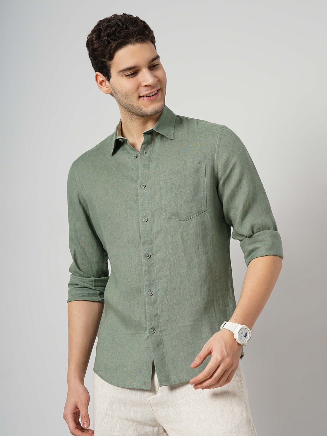 

Celio Spread collar Long Sleeves Linen Opaque Casual Shirt, Olive