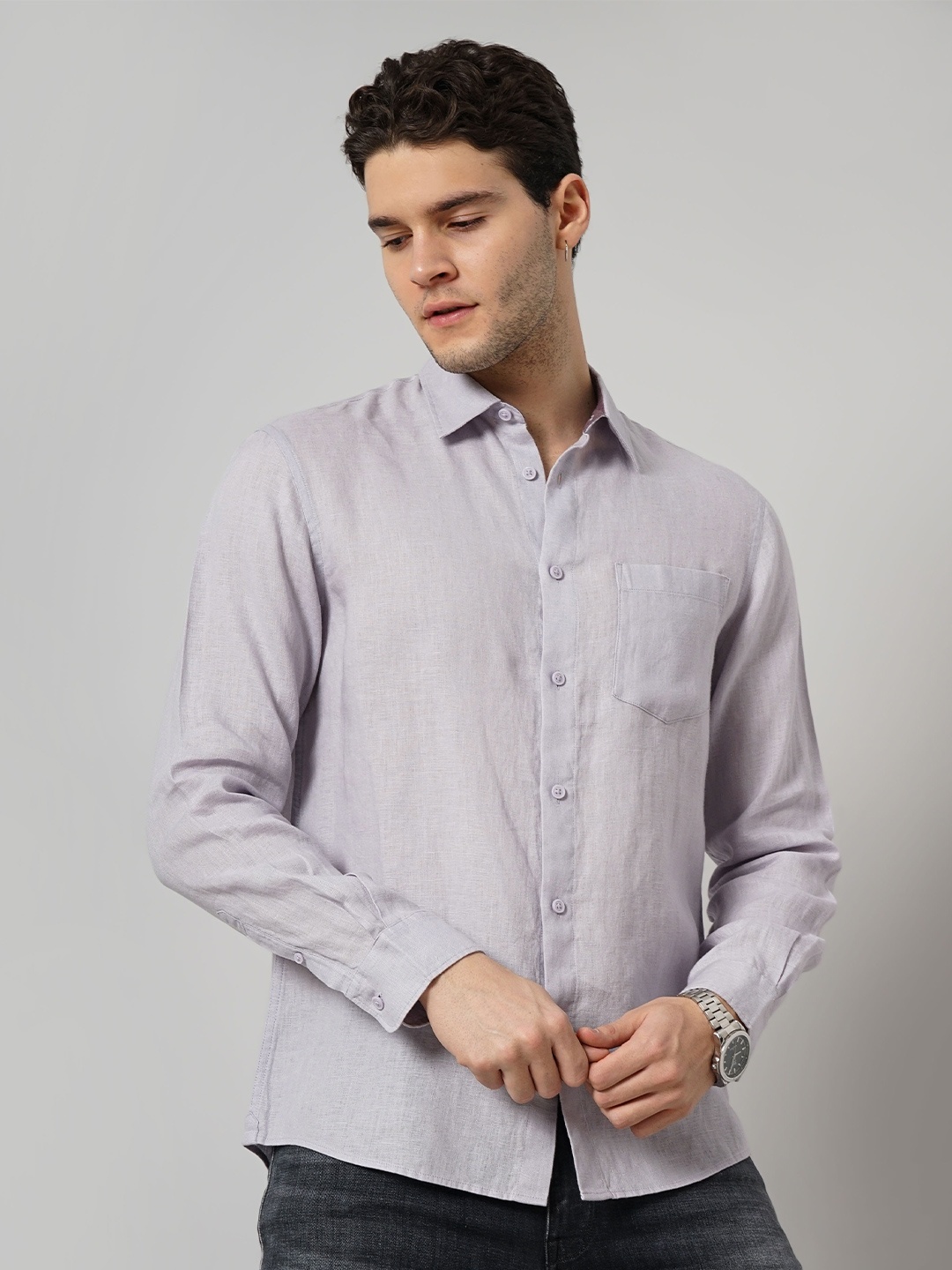 

Celio Spread Collar Classic Linen Casual Shirt, Purple